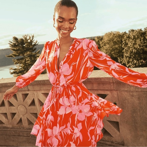 Milly Reina Parrot Tulip Flounce Red Pink Mini Dress Sz 8 SAKS REVOLVE - Picture 3 of 10